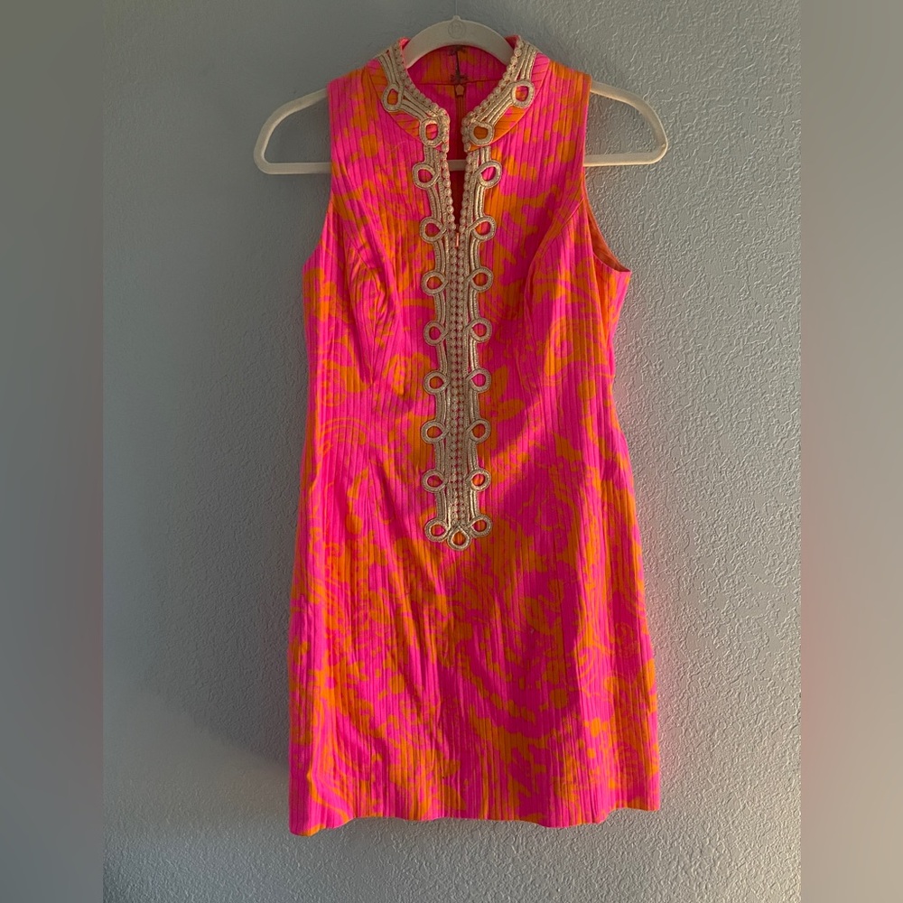 Lilly Pulitzer Pink and Orange With gold detailing sleeveless shift dress size 4